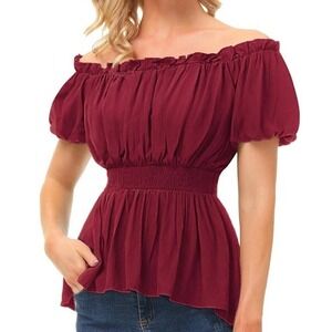 Scarlet Darkness‎ Top 2XL Red Peasant Bardot Ruffle Blouse Smocked Waist Shirt